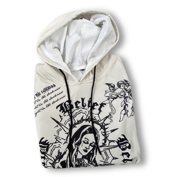 Y2K Virgin Mary Tattoo Graphic Cherub Angel Hoodie Lightweight - Picture 9 of 13
